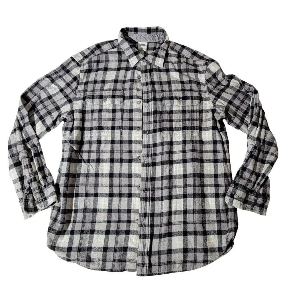The North Face Mens XL Grey Black Plaid Flannel Button Down Shirt NF0A4QPJ F23